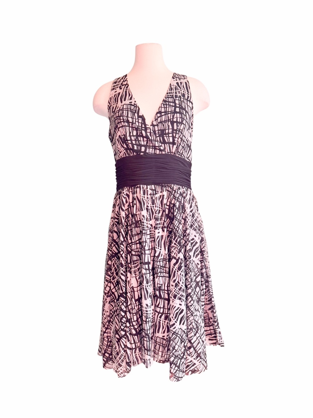 Sleeveless V-Neck Pink & Black Patterned Dress